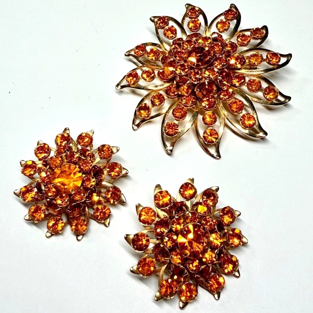 Judy Lee Vintage Gold Tone Amber Rhinestone Brooch Earring Set Sunburst MCM